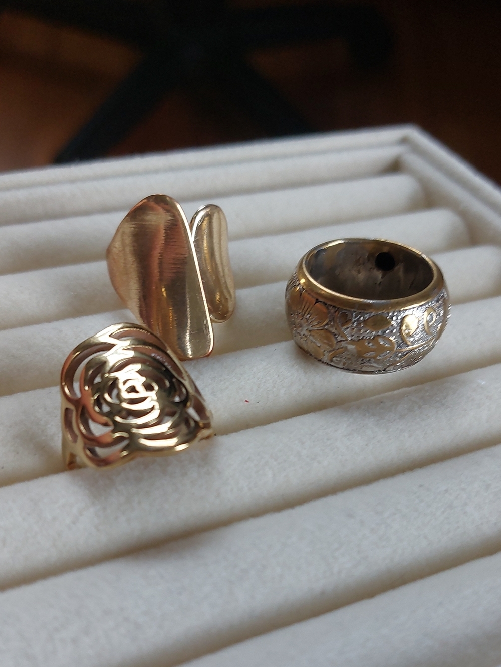 Gold Tone Statement Ring Lot 3pc - Floral Rose, Sculptural & Engraved